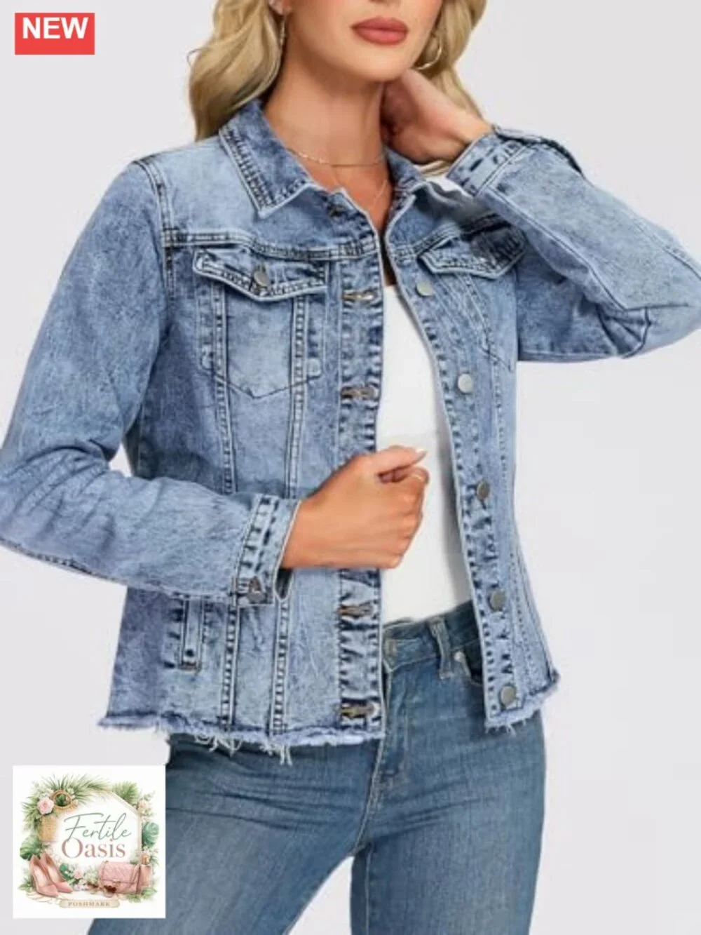 Women's Frayed Hem Denim Jacket Distressed Trucker Coat Oversized Shacket